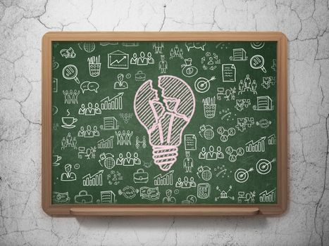 Business concept: Chalk Pink Light Bulb icon on School board background with  Hand Drawn Business Icons, 3D Rendering