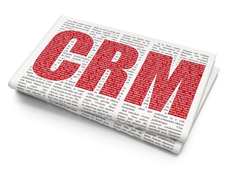 Business concept: Pixelated red text CRM on Newspaper background, 3D rendering