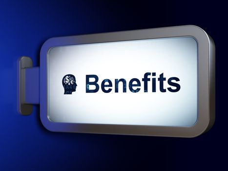 Finance concept: Benefits and Head With Finance Symbol on advertising billboard background, 3D rendering