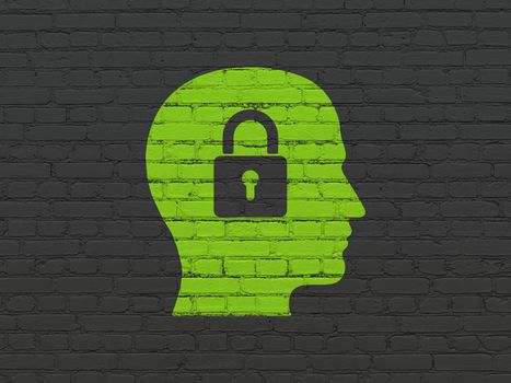 Business concept: Painted green Head With Padlock icon on Black Brick wall background