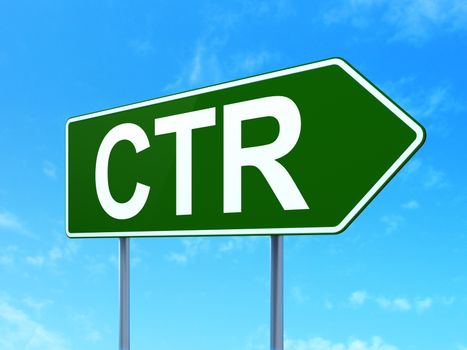 Finance concept: CTR on green road highway sign, clear blue sky background, 3D rendering