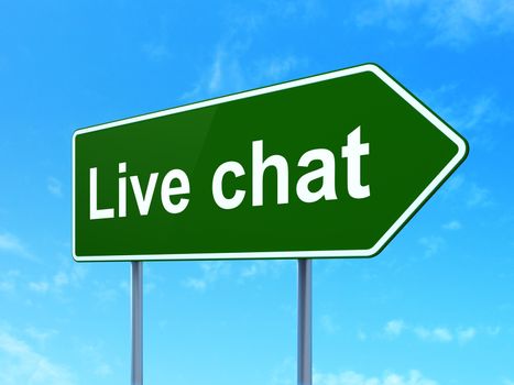 Web design concept: Live Chat on green road highway sign, clear blue sky background, 3D rendering