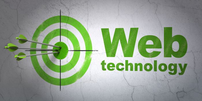 Success web development concept: arrows hitting the center of target, Green Web Technology on wall background, 3D rendering