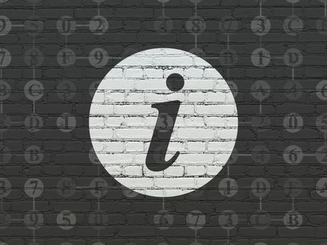 Web development concept: Painted white Information icon on Black Brick wall background with Scheme Of Hexadecimal Code