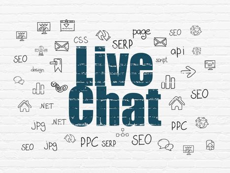Web development concept: Painted blue text Live Chat on White Brick wall background with  Hand Drawn Site Development Icons