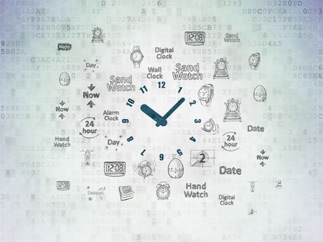 Time concept: Painted blue Clock icon on Digital Data Paper background with  Hand Drawing Time Icons