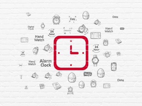 Time concept: Painted red Watch icon on White Brick wall background with  Hand Drawing Time Icons