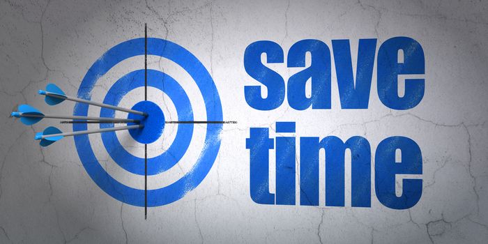 Success time concept: arrows hitting the center of target, Blue Save Time on wall background, 3D rendering