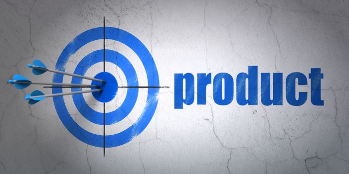 Success advertising concept: arrows hitting the center of target, Blue Product on wall background, 3D rendering