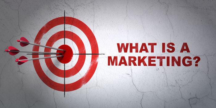 Success marketing concept: arrows hitting the center of target, Red What is a Marketing? on wall background, 3D rendering