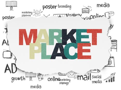 Marketing concept: Painted multicolor text Marketplace on Torn Paper background with  Hand Drawn Marketing Icons