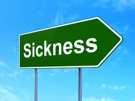 Medicine concept: Sickness on green road highway sign, clear blue sky background, 3D rendering