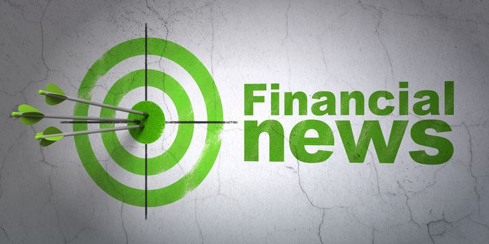 Success news concept: arrows hitting the center of target, Green Financial News on wall background, 3D rendering