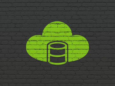 Cloud computing concept: Painted green Database With Cloud icon on Black Brick wall background