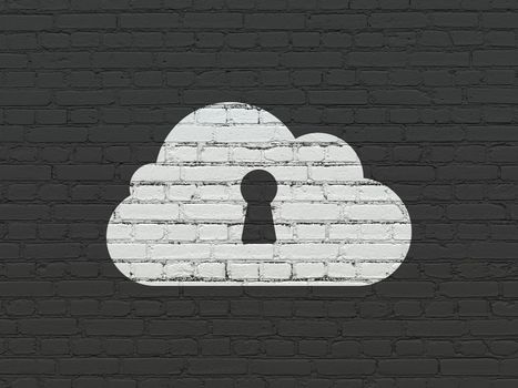 Cloud technology concept: Painted white Cloud With Keyhole icon on Black Brick wall background