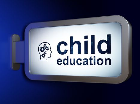 Studying concept: Child Education and Head With Gears on advertising billboard background, 3D rendering