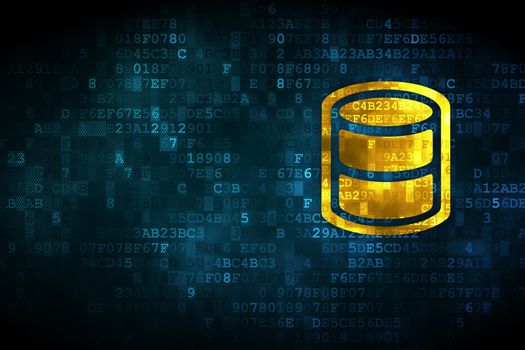 Database concept: pixelated Database icon on digital background, empty copyspace for card, text, advertising