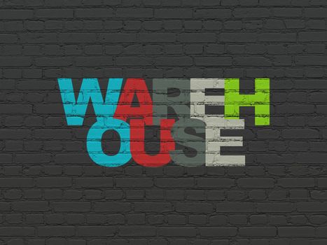 Industry concept: Painted multicolor text Warehouse on Black Brick wall background