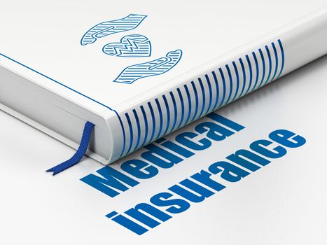 Insurance concept: closed book with Blue Heart And Palm icon and text Medical Insurance on floor, white background, 3D rendering