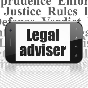 Law concept: Smartphone with  black text Legal Adviser on display,  Tag Cloud background, 3D rendering
