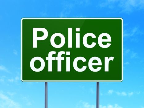 Law concept: Police Officer on green road highway sign, clear blue sky background, 3D rendering