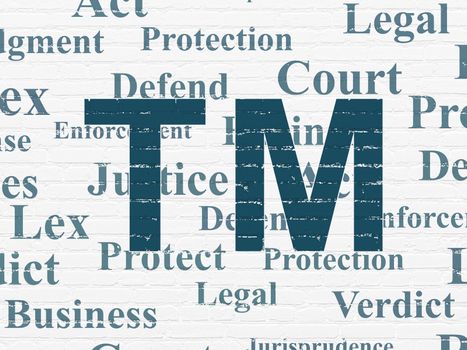 Law concept: Painted blue Trademark icon on White Brick wall background with  Tag Cloud