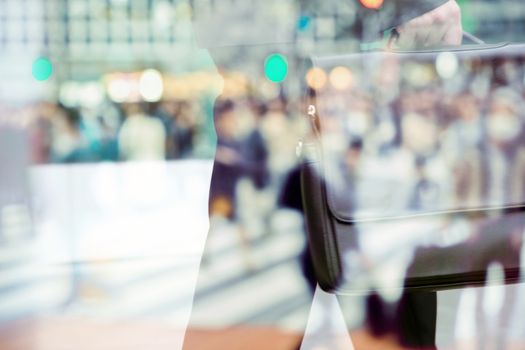 abstract image of business man background, business man and People commuting in rush hour at zebra crossing double exposure. business concept