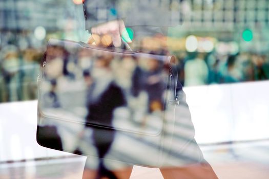 abstract image of business man background, business man and People commuting in rush hour at zebra crossing double exposure. business concept