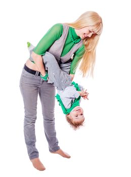 Mother playing with son isolated on white