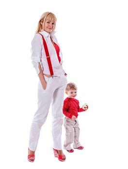 Mother and son standing together isolated on white