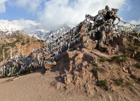 Lots of Buddhist prayer ribbons in Chimgan mountains, Uzbekistan