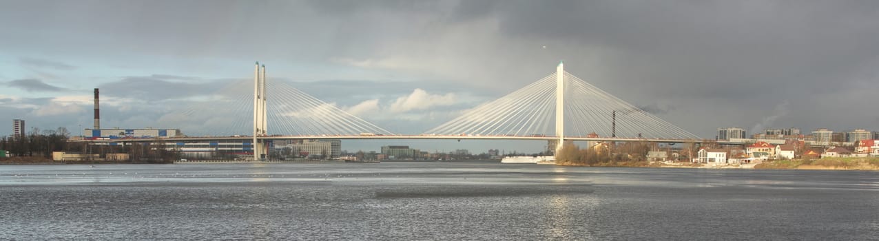 St. Petersburg  Russia  November 14, 2017 Great Obukhov Bridge in St. Petersburg, panorama