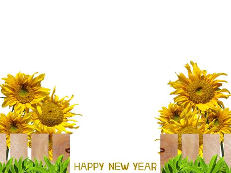 Beautiful garden fence with sunflower letter arrange in the words Happy New Year, clipping path included.