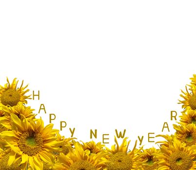 Beautiful frame of colorful sunflowers with sunflower letter arrange in the words Happy New Year, clipping path included.