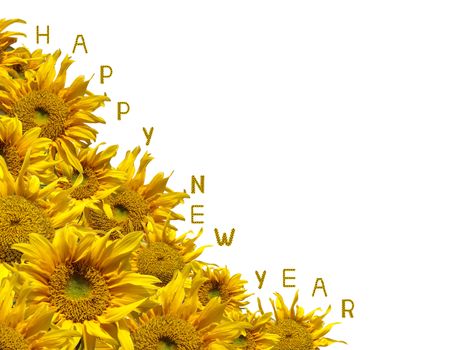 Beautiful frame of colorful sunflowers with sunflower letter arrange in the words Happy New Year, clipping path included.