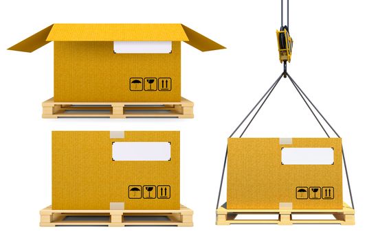 Cardboard boxes on pallet. Cargo, delivery and transportation concept. 3d illustration