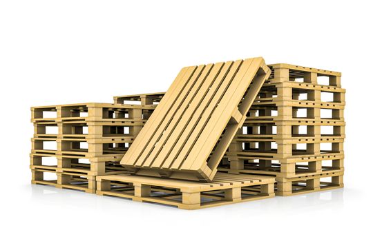 Stack of wooden pallets, isolated on white. 3D illustration