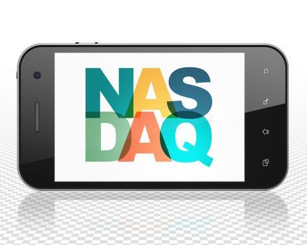 Stock market indexes concept: Smartphone with Painted multicolor text NASDAQ on display, 3D rendering