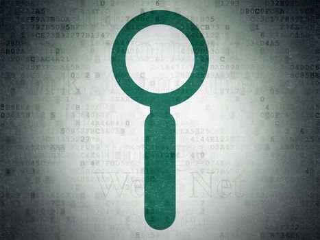 Data concept: Painted green Search icon on Digital Data Paper background with  Tag Cloud