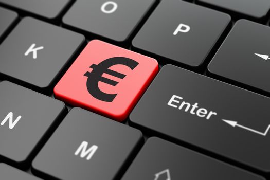 Currency concept: computer keyboard with Euro icon on enter button background, 3D rendering