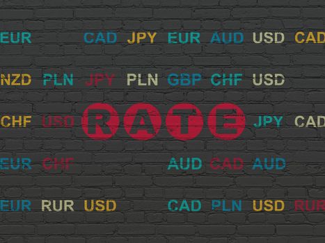 Banking concept: Painted red text Rate on Black Brick wall background with Currency