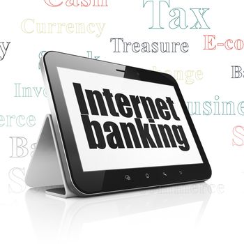 Banking concept: Tablet Computer with  black text Internet Banking on display,  Tag Cloud background, 3D rendering