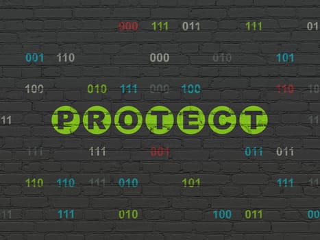 Security concept: Painted green text Protect on Black Brick wall background with Binary Code