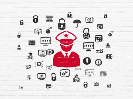 Privacy concept: Painted red Police icon on White Brick wall background with  Hand Drawn Security Icons