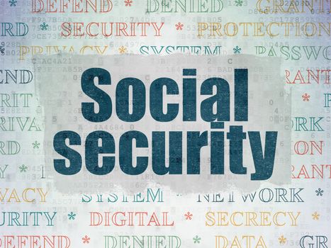 Protection concept: Painted blue text Social Security on Digital Data Paper background with   Tag Cloud