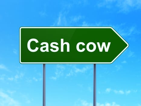 Business concept: Cash Cow on green road highway sign, clear blue sky background, 3D rendering