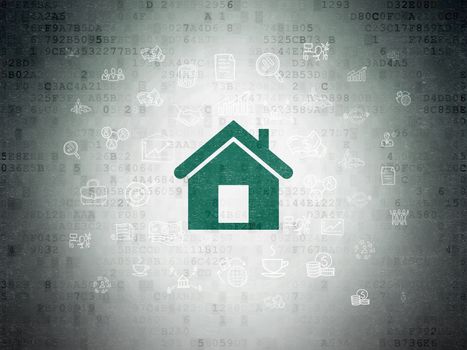 Business concept: Painted green Home icon on Digital Data Paper background with  Hand Drawn Business Icons