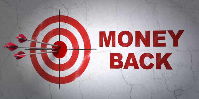 Success business concept: arrows hitting the center of target, Red Money Back on wall background, 3D rendering