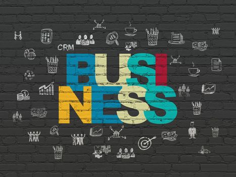 Business concept: Painted multicolor text Business on Black Brick wall background with  Hand Drawn Business Icons