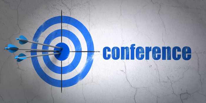 Success finance concept: arrows hitting the center of target, Blue Conference on wall background, 3D rendering